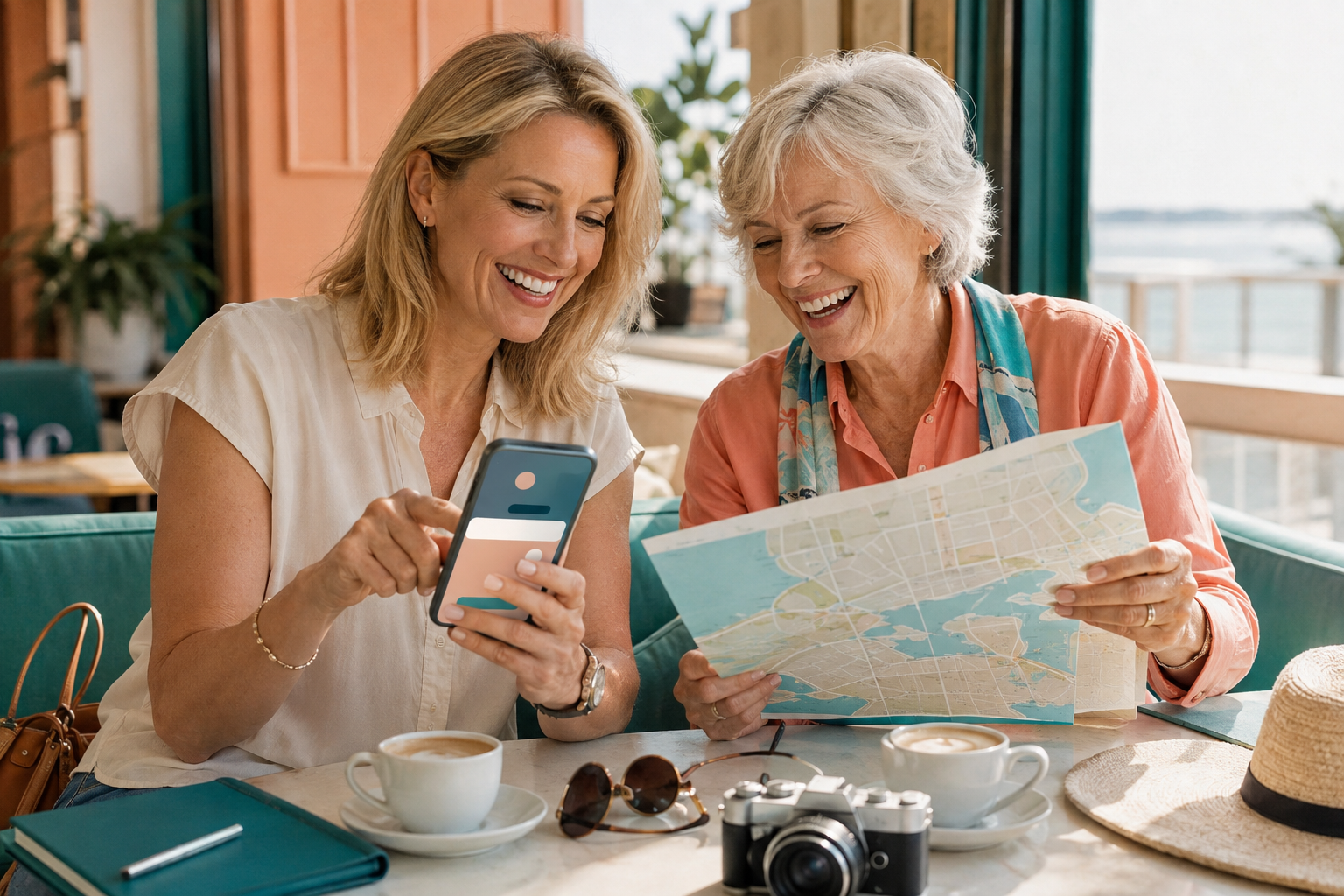 Two women using AI on a phone while planning a trip