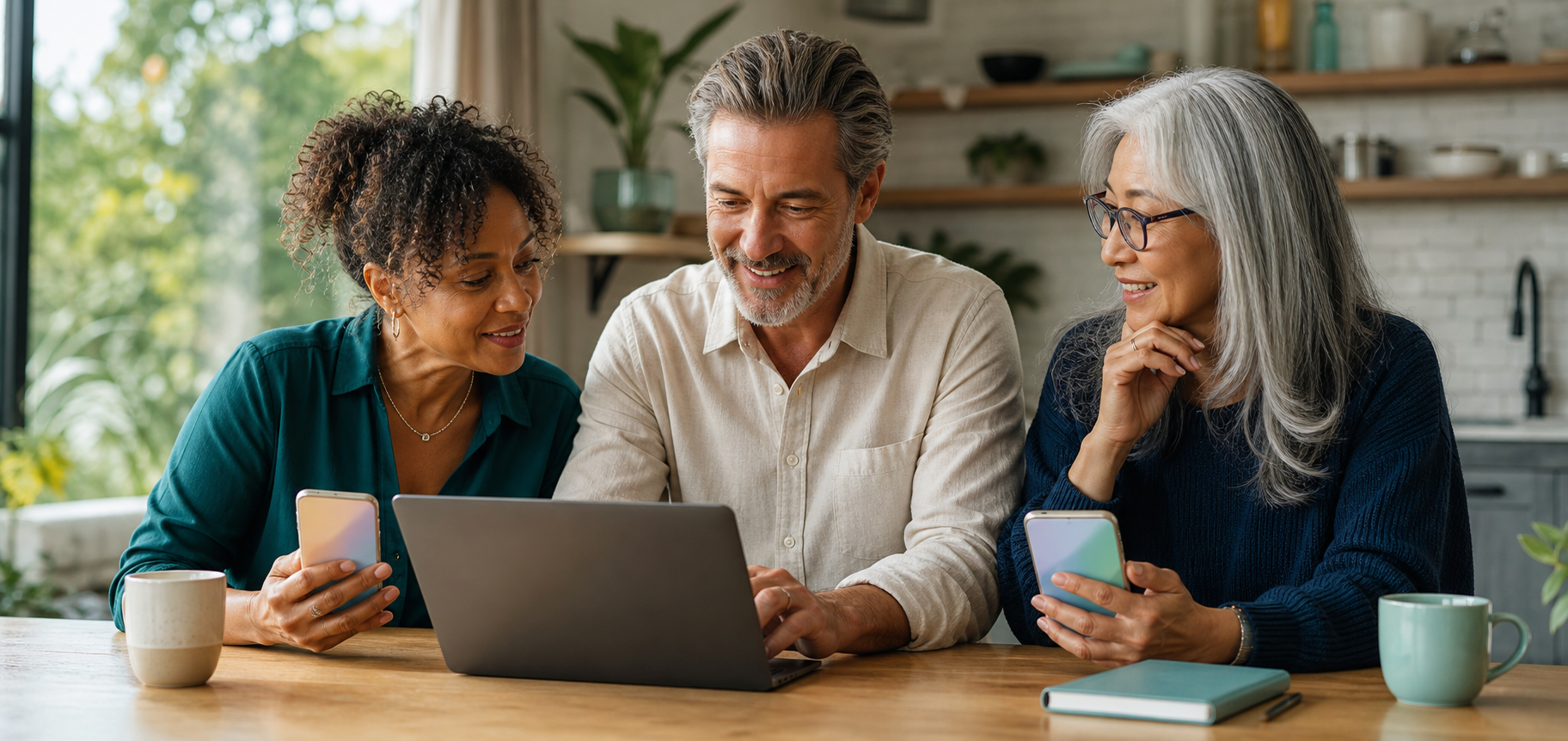 A group of adults learning practical AI together with phones and a laptop